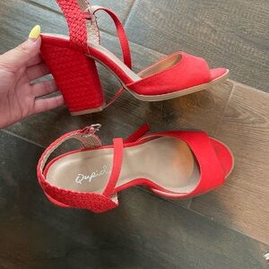 Qupid Women's Red Block Heel Sandals